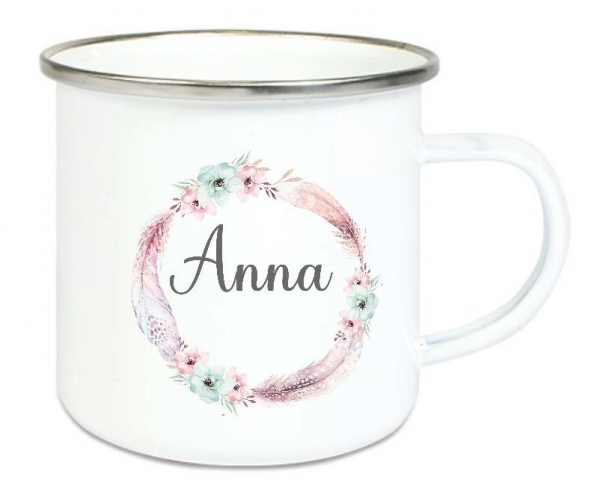 ♥ Tasse Emailletasse Kranz zarte Blüten Federn Röschen tolle Farben Wunschname, Dankeschön, Abschied, Jubiläum, Geschenk, Becher von Lüttentüddel